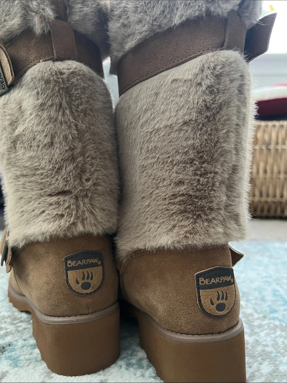 BearPaw Taupe Faux-Fur Suede Buckle Mid-Calf Boots